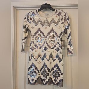 NWT EXPRESS Aztec Sequin Mini Dress. Ivory with Silver & Bronze Sequins. Size S